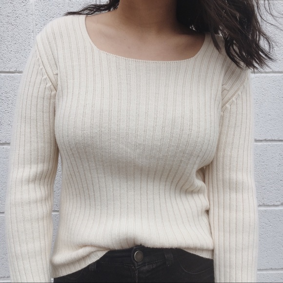 CREAM SQUARE NECK RIBBED SWEATER - Picture 2 of 2